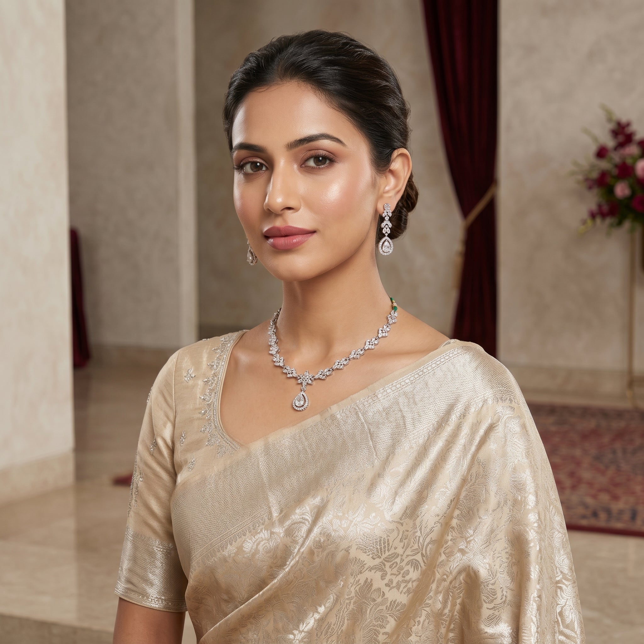 Silver Diamond-Look Floral Vine Necklace Set