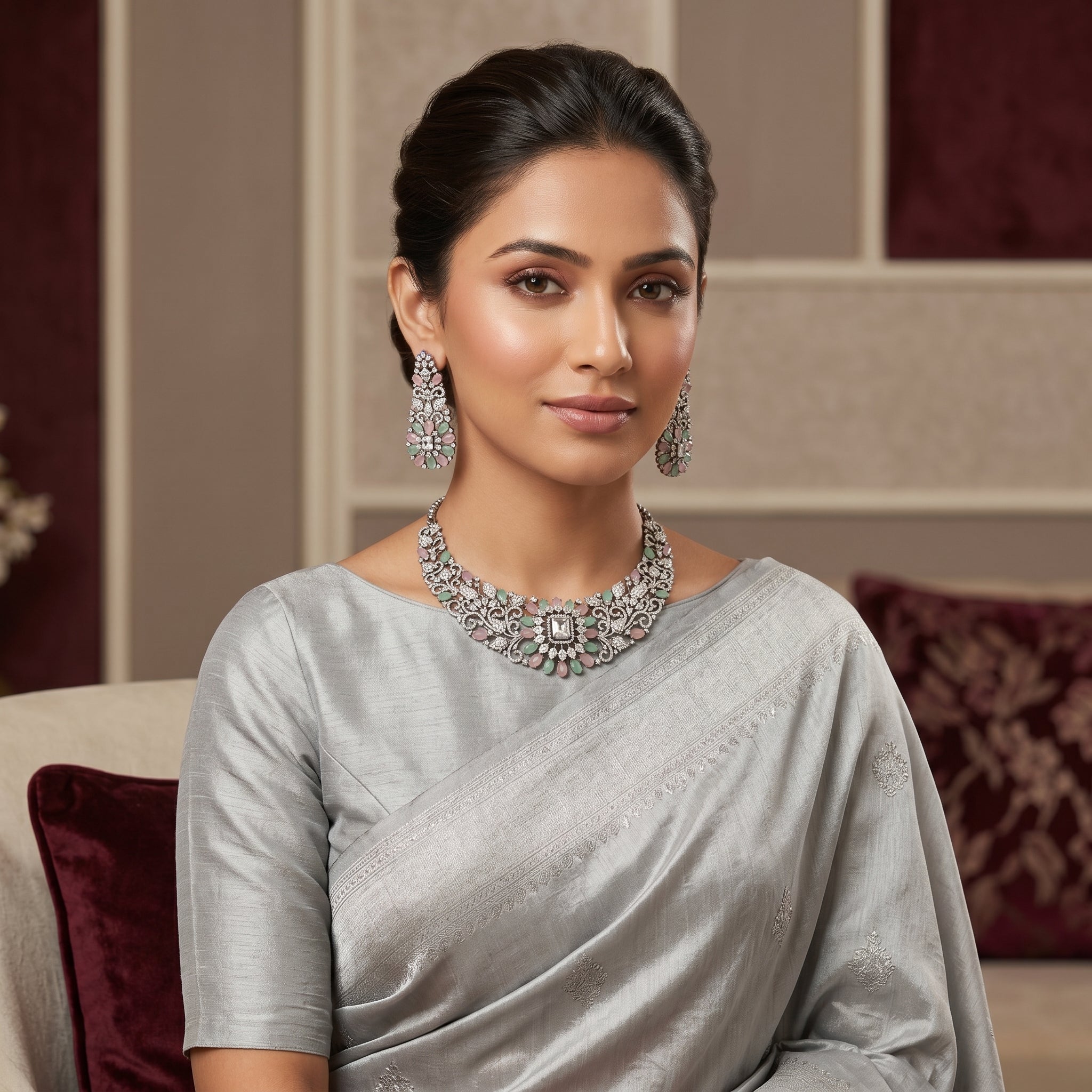 Victorian Oxidized Silver Floral Bib Necklace Set