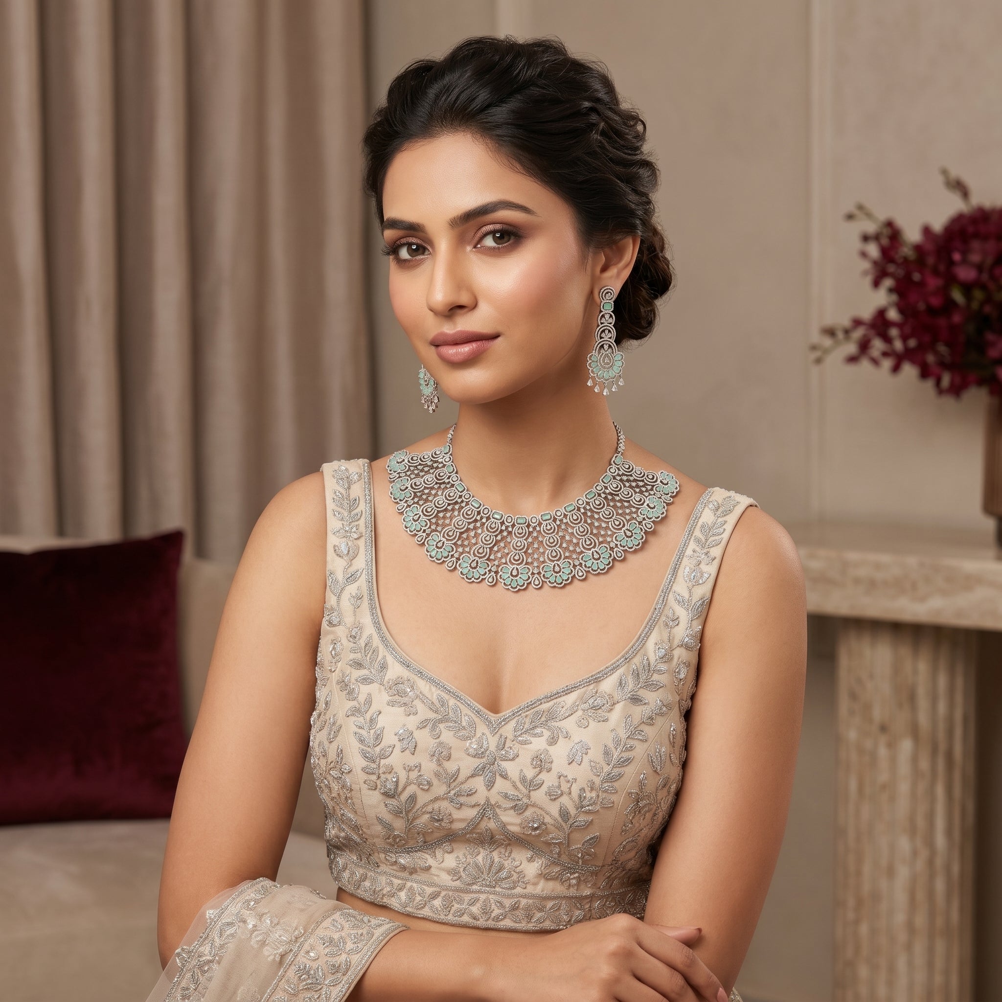 Diamond-Look Mint Scalloped Bib Necklace Set