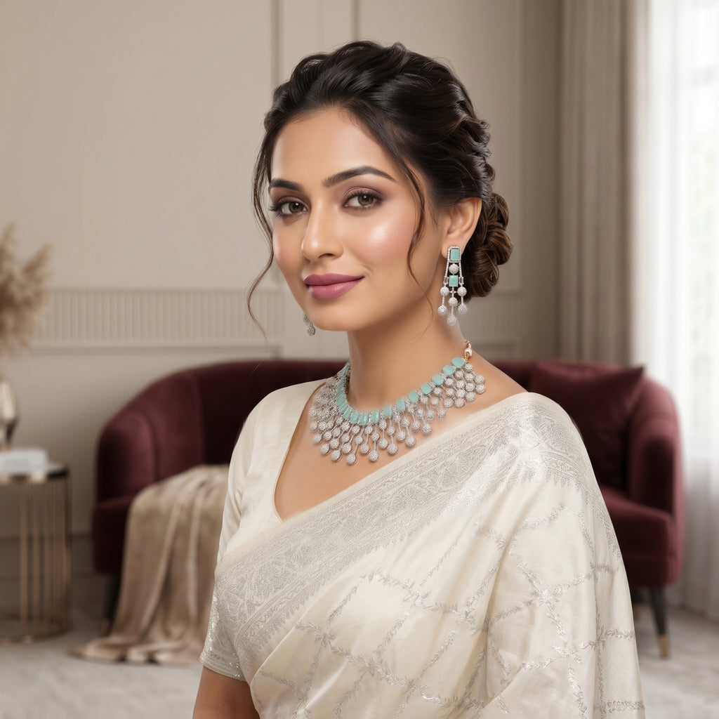 Mint Baguette Waterfall Fringe Necklace Set