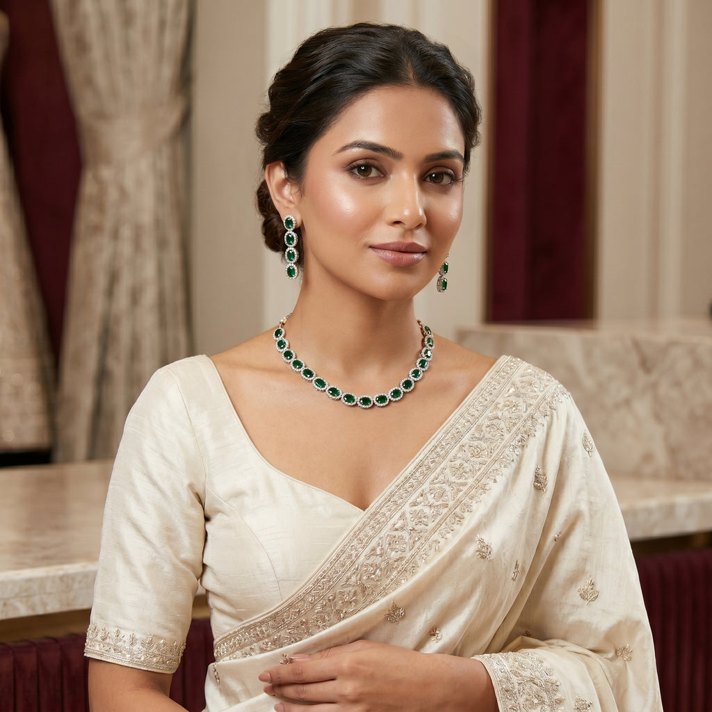 Emerald Halo Oval Tennis Necklace Set