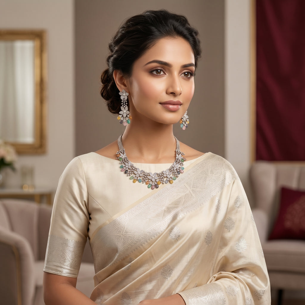Multicolor Gemstone Floral Cascade Necklace Set