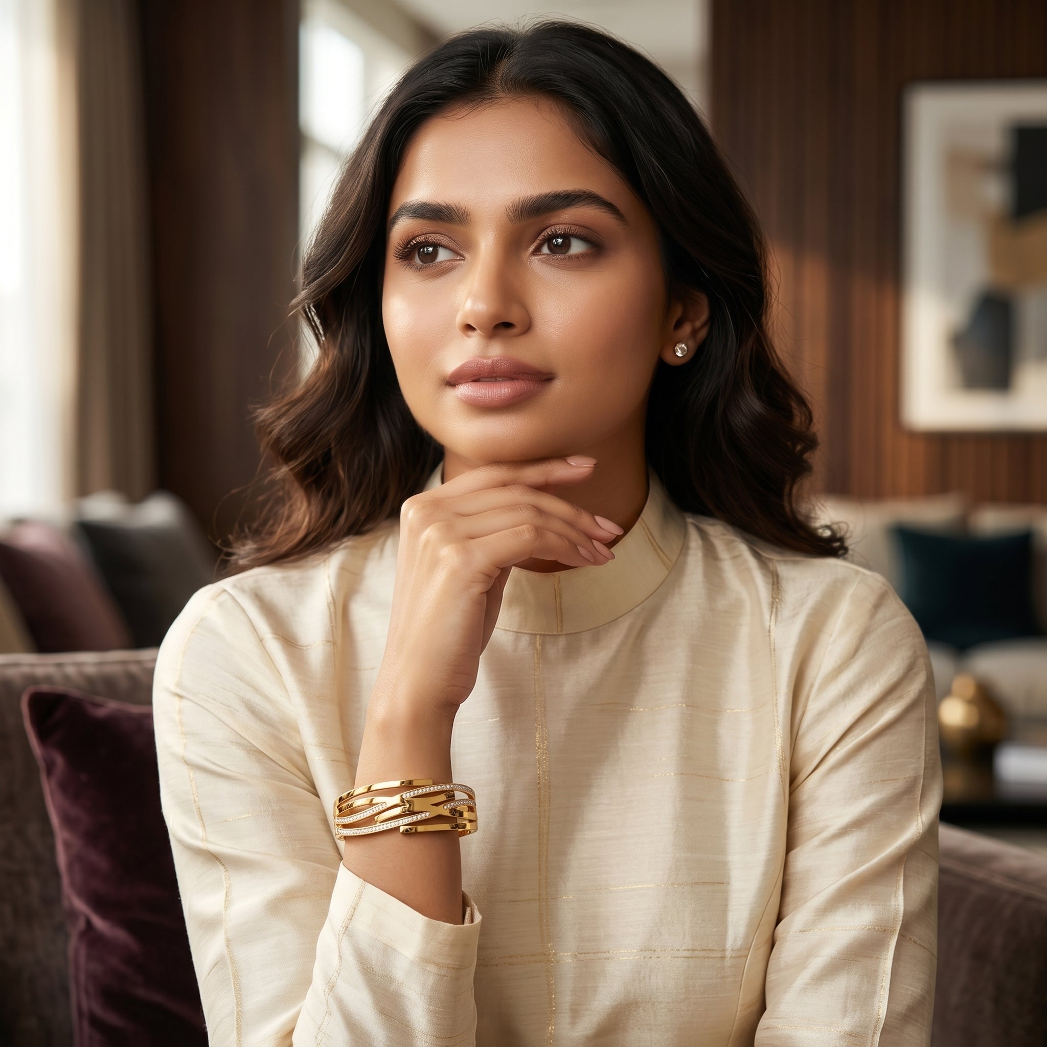 Gold Geometric Pavé Kada Bangle