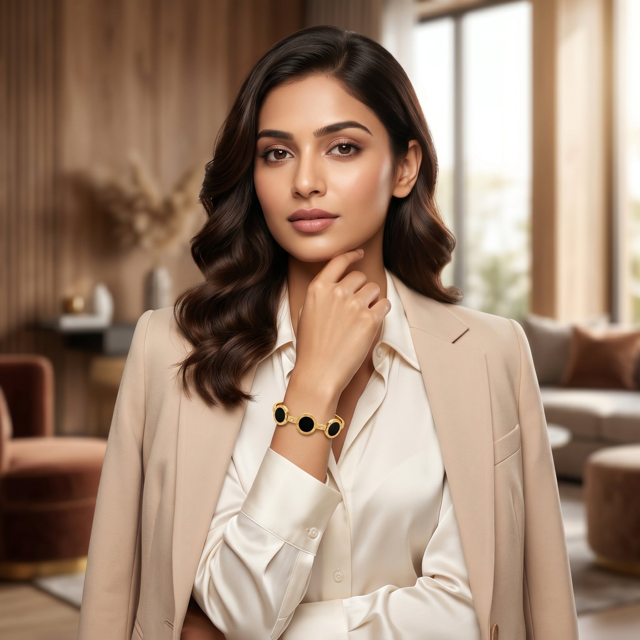 Gold Onyx Roman Numeral Disc Bracelet