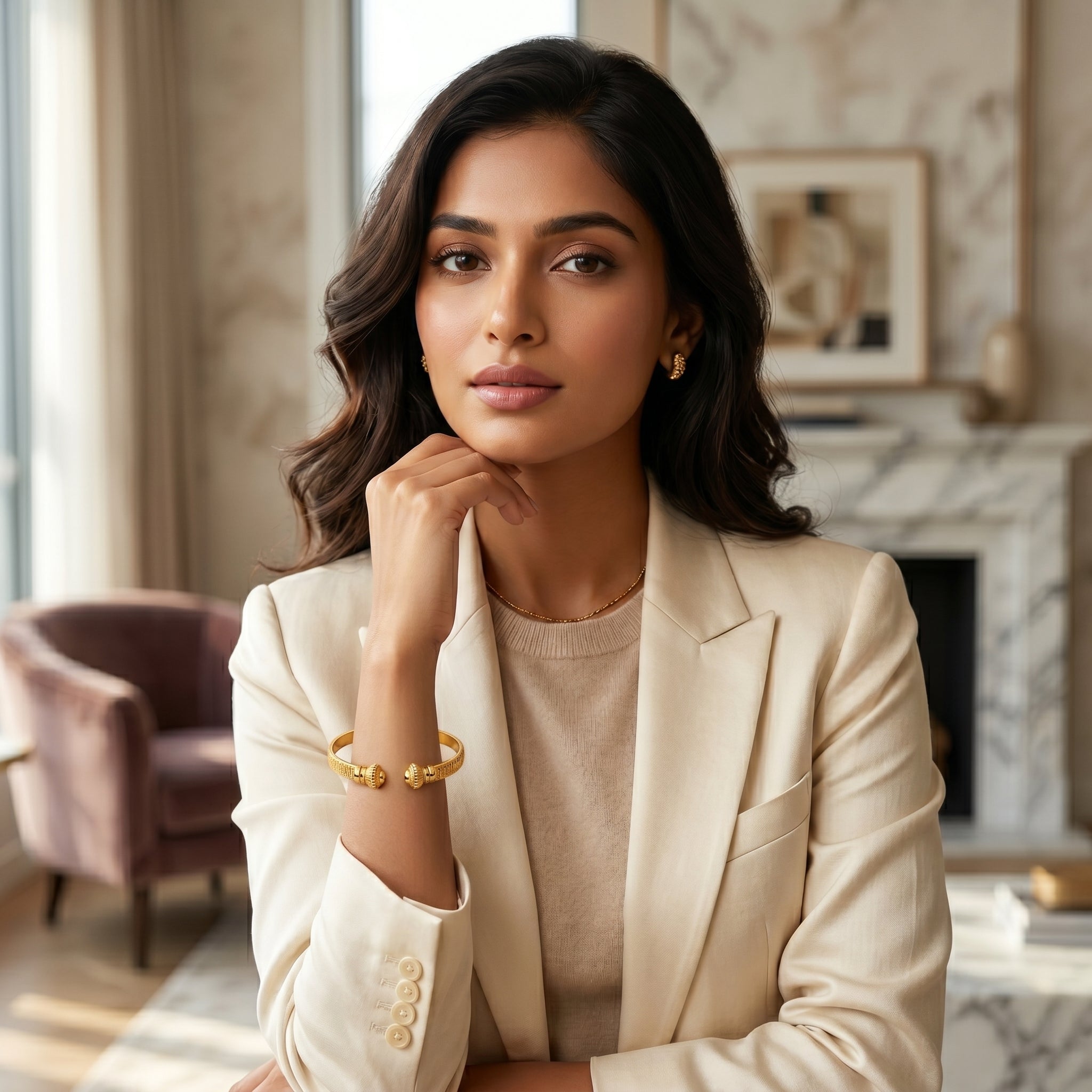 Gold Textured Ball-Tip Cuff Bangle