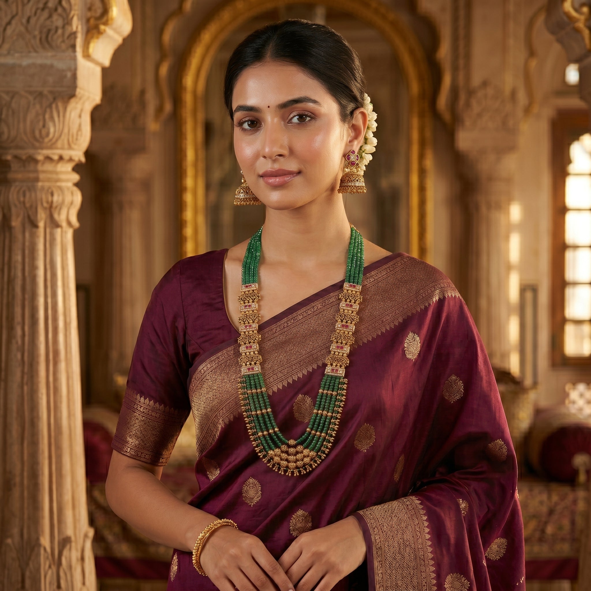 Emerald Bead Kundan Panel Haram Set