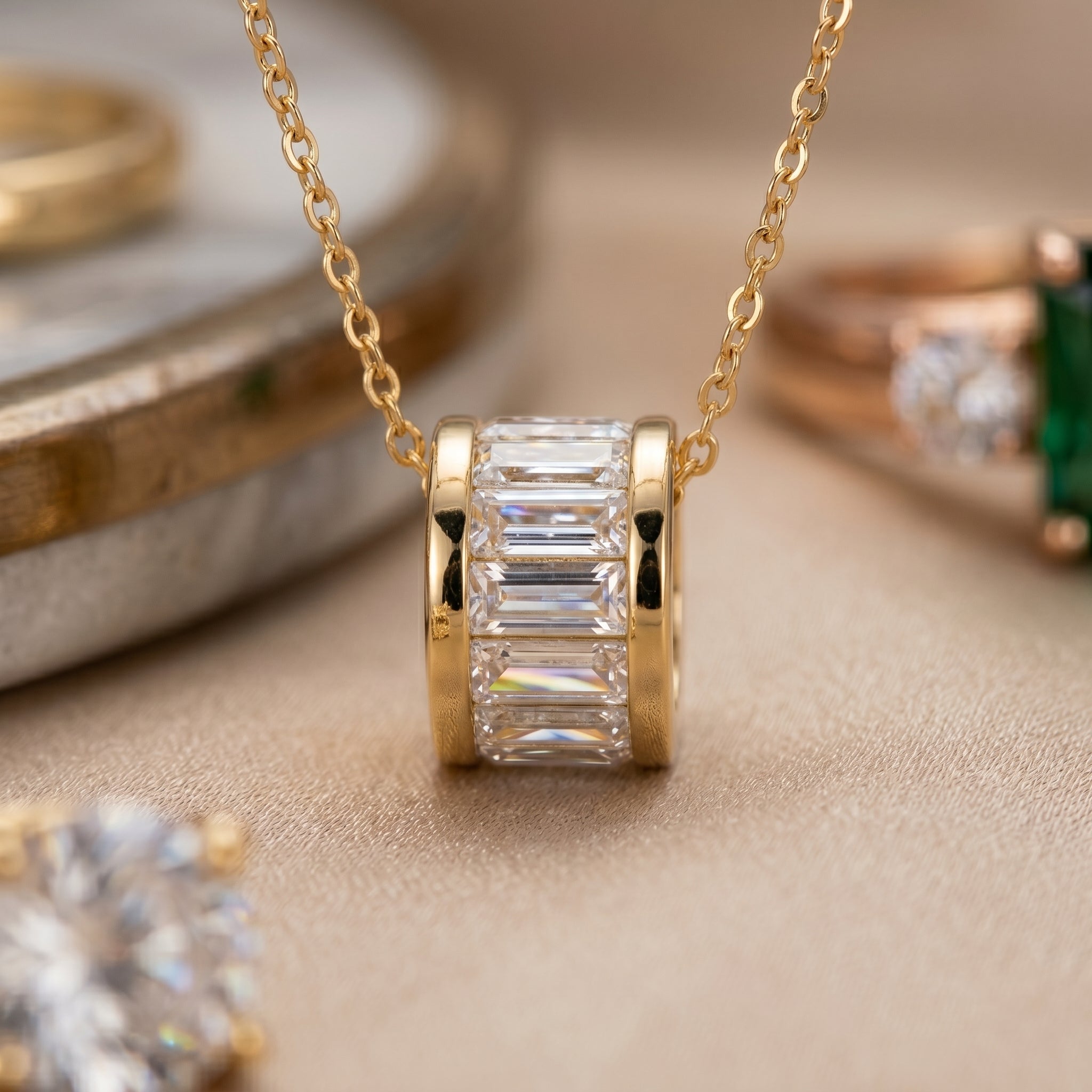 Gold Baguette Barrel Pendant Necklace