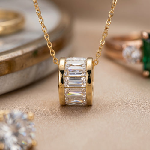 Gold Baguette Barrel Pendant Necklace