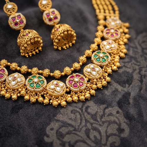 Antique Gold Floral Medallion Dual-Strand Necklace Set