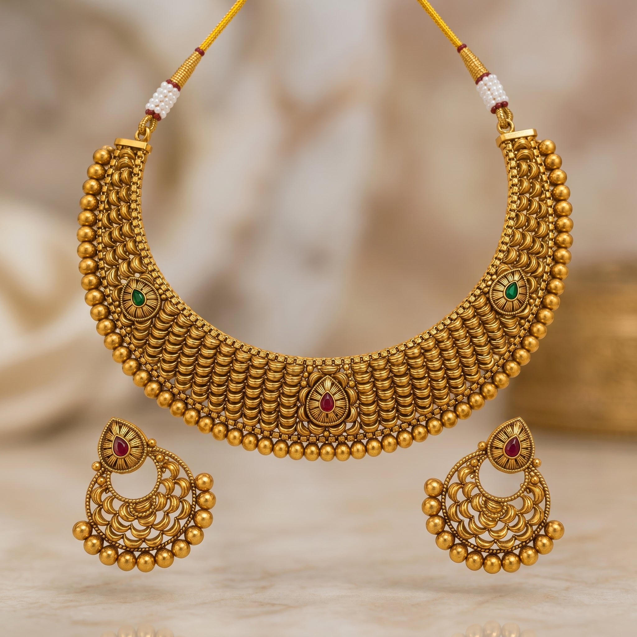 Antique Gold Scalloped Wide Choker Necklace Set