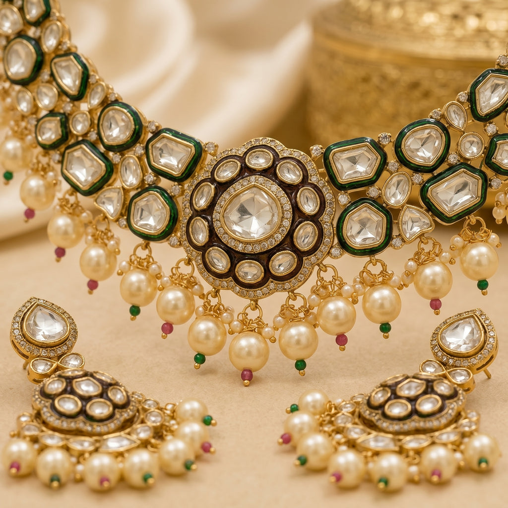 Kundan Meena Pearl Fringe Choker Necklace Set
