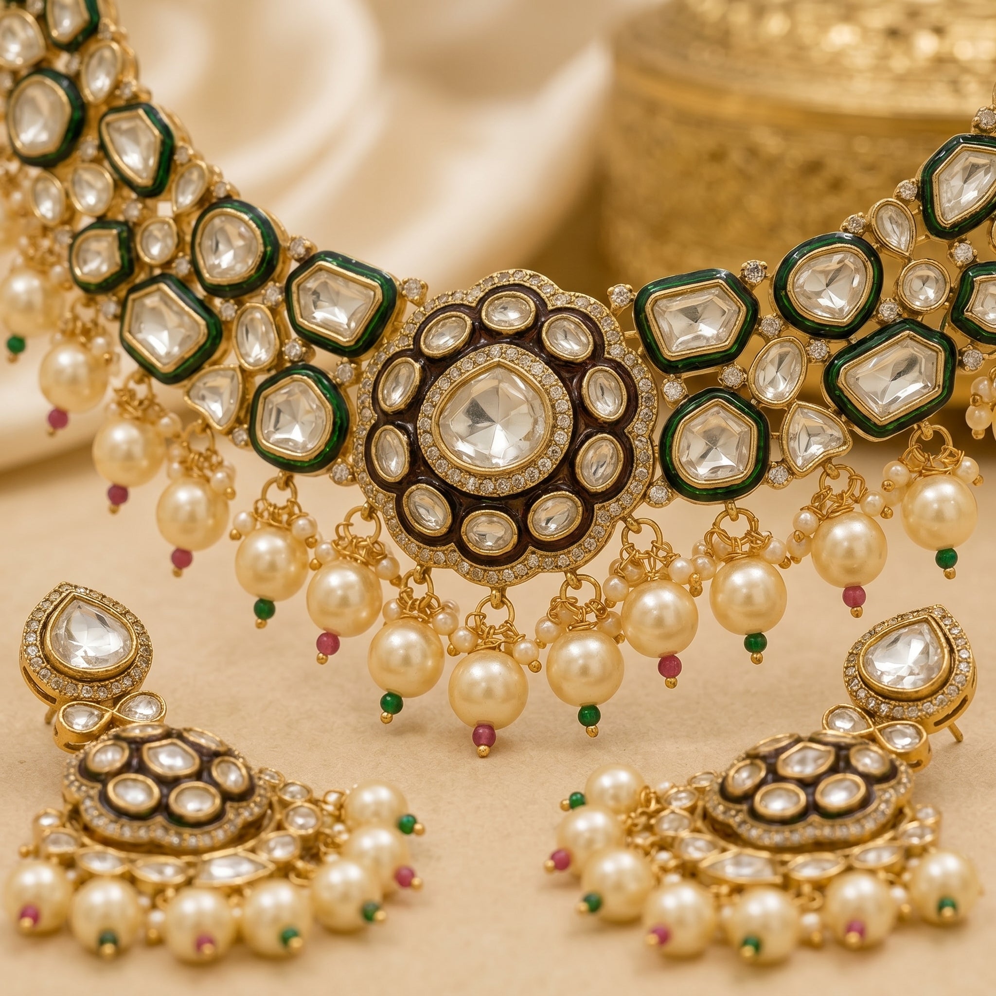 Kundan Meena Pearl Fringe Choker Necklace Set