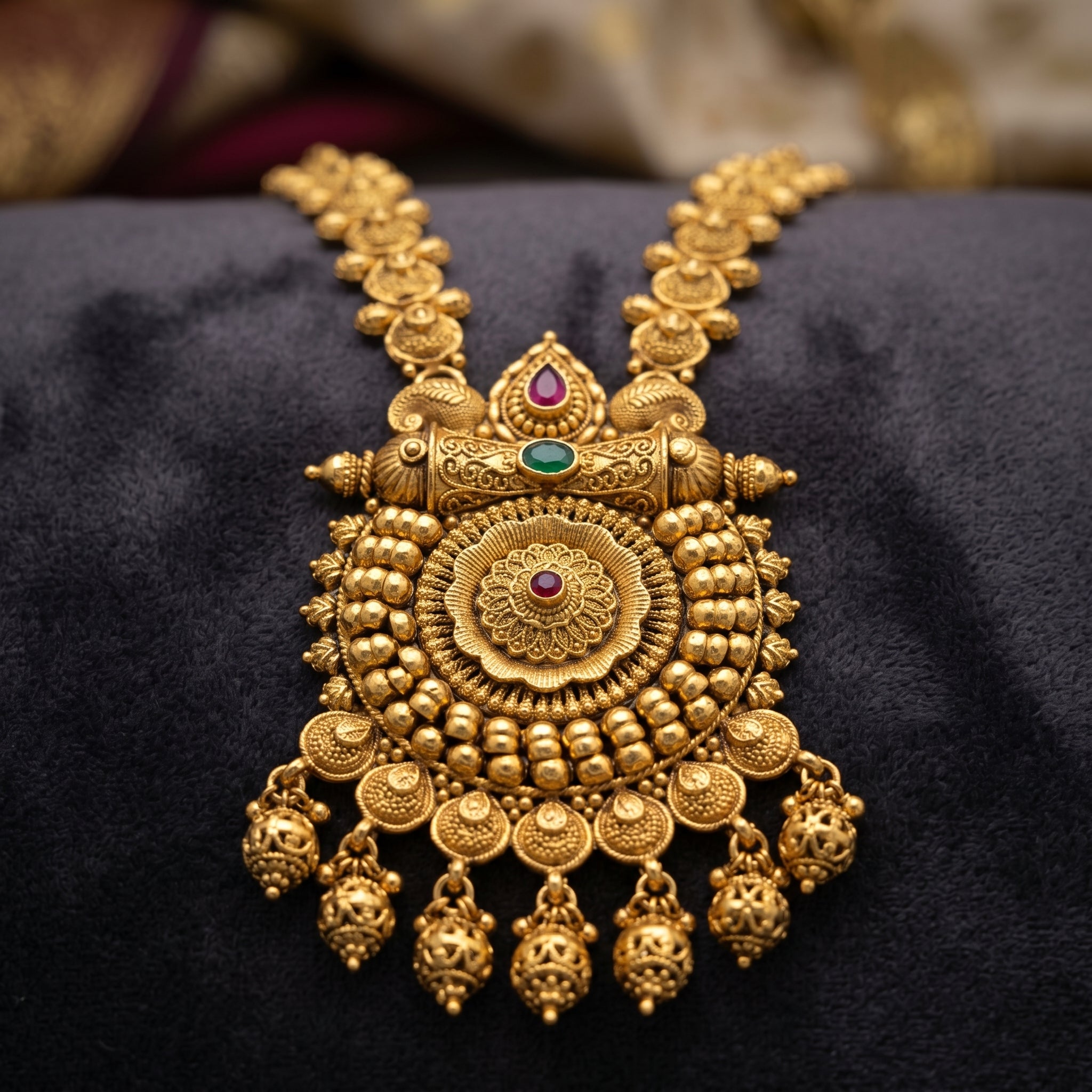 Gold Antique Peacock Medallion Rani Haar Set