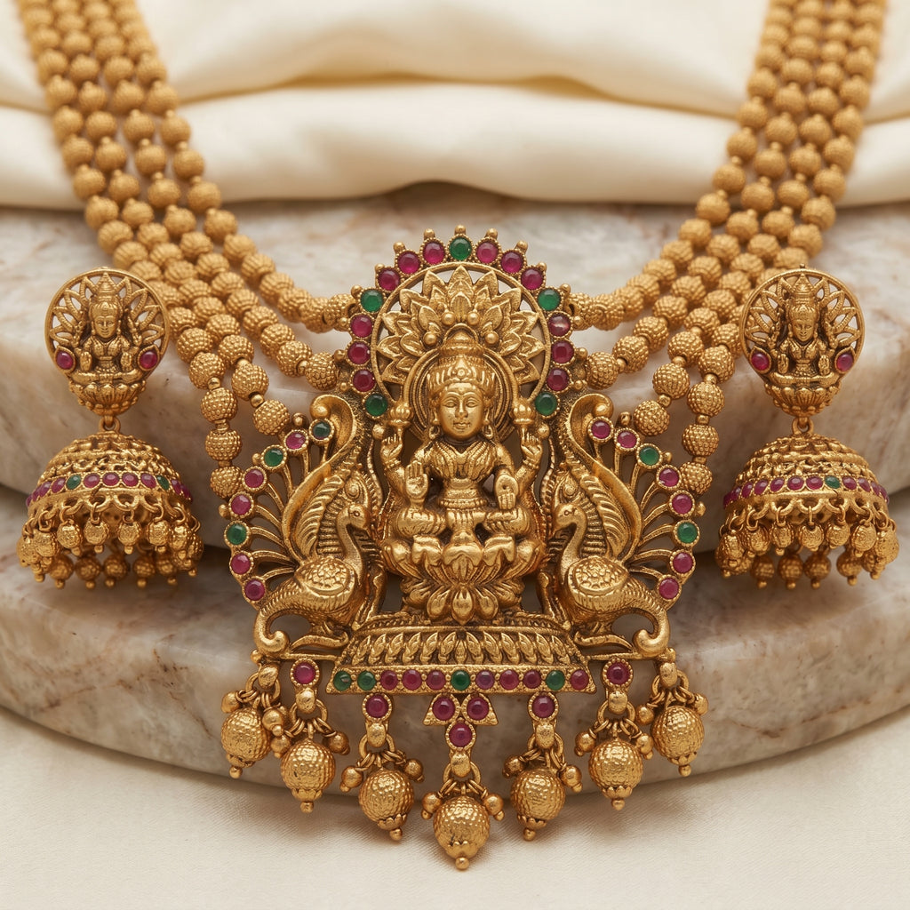 Gold Antique Goddess Lakshmi Multi-Strand Haram Set