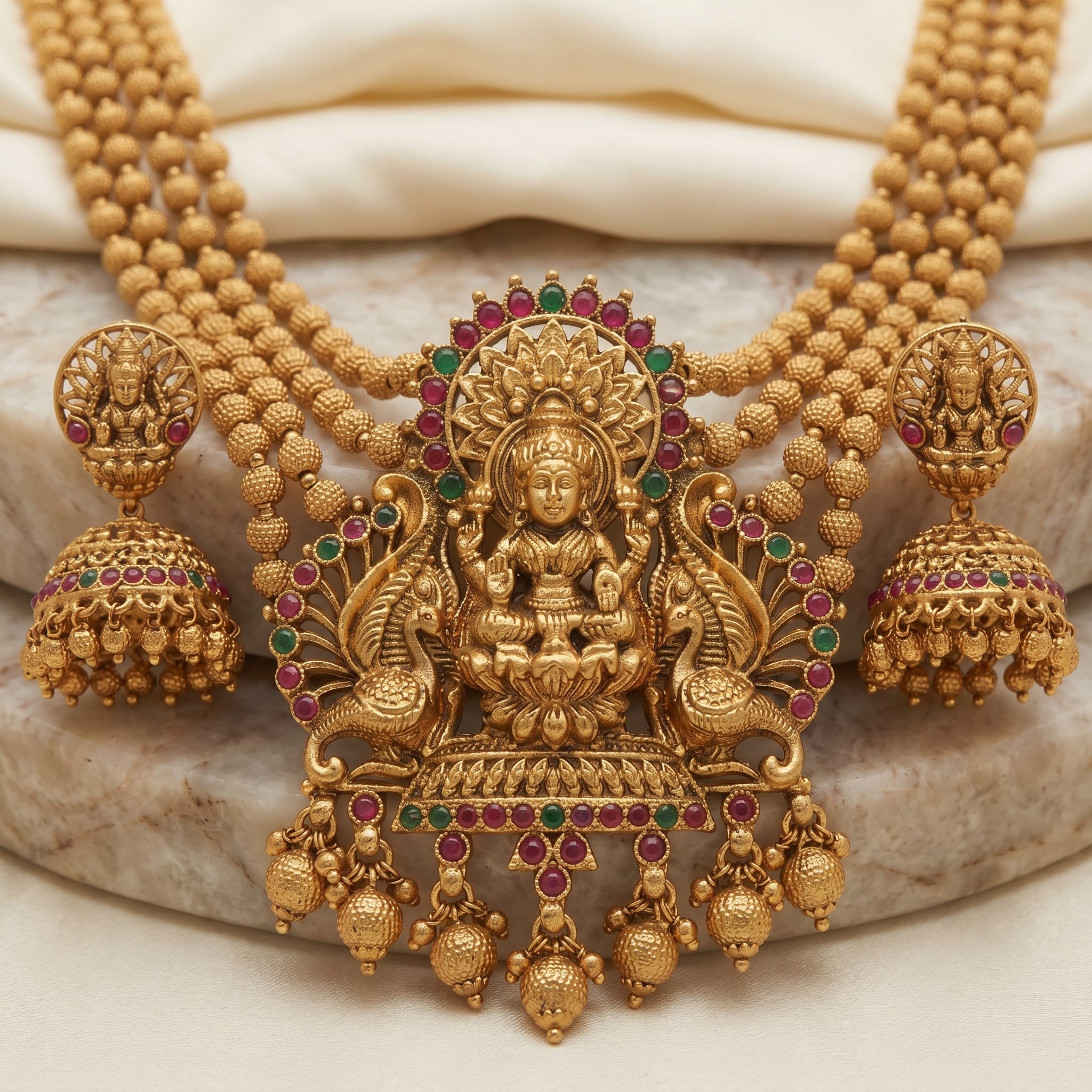 Gold Antique Goddess Lakshmi Multi-Strand Haram Set