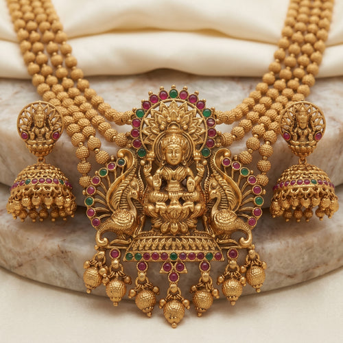 Gold Antique Goddess Lakshmi Multi-Strand Haram Set