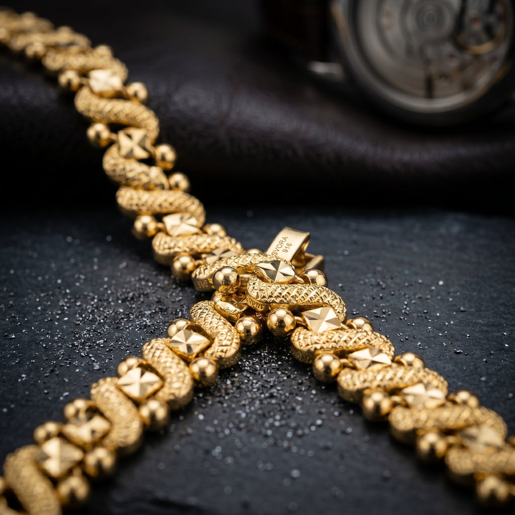 Gold Diamond-Cut Scroll Link Bracelet