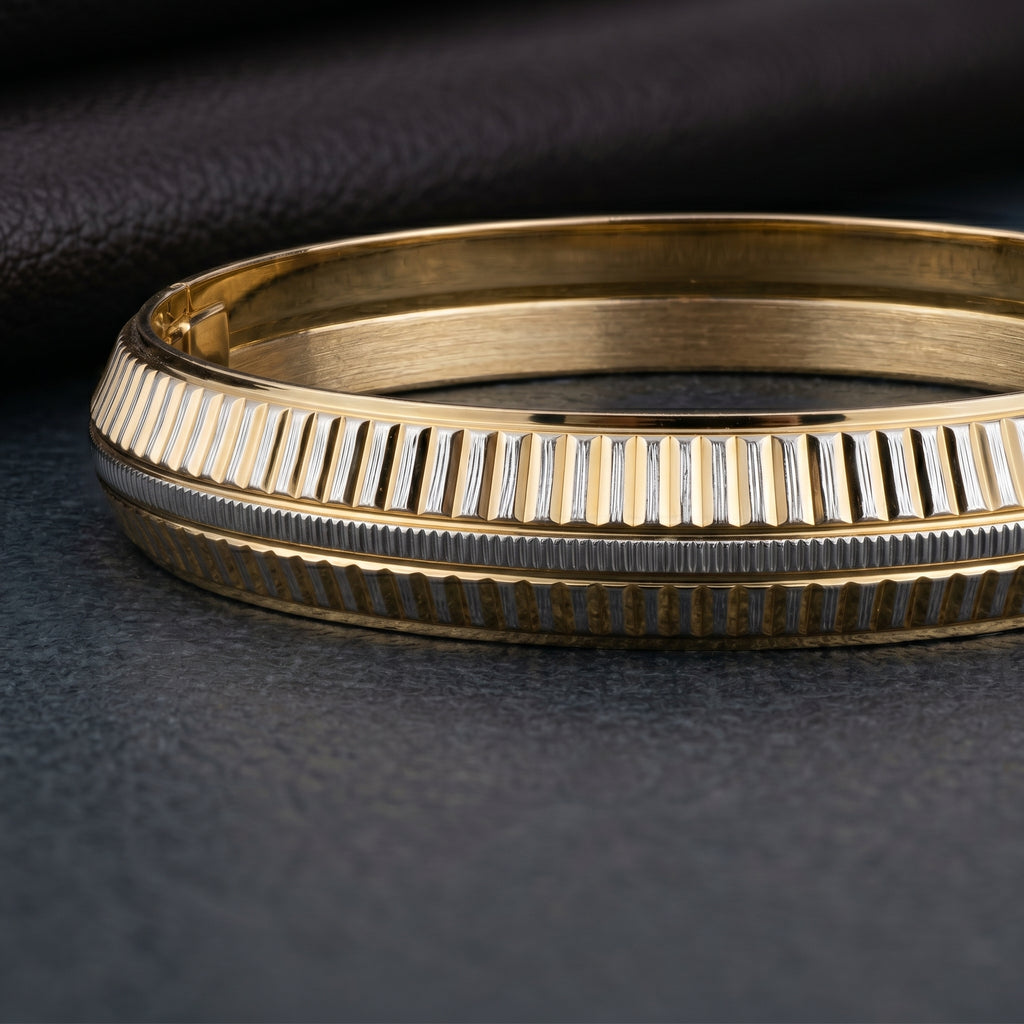 Gold Silver Vertical Stripe Engraved Bangle