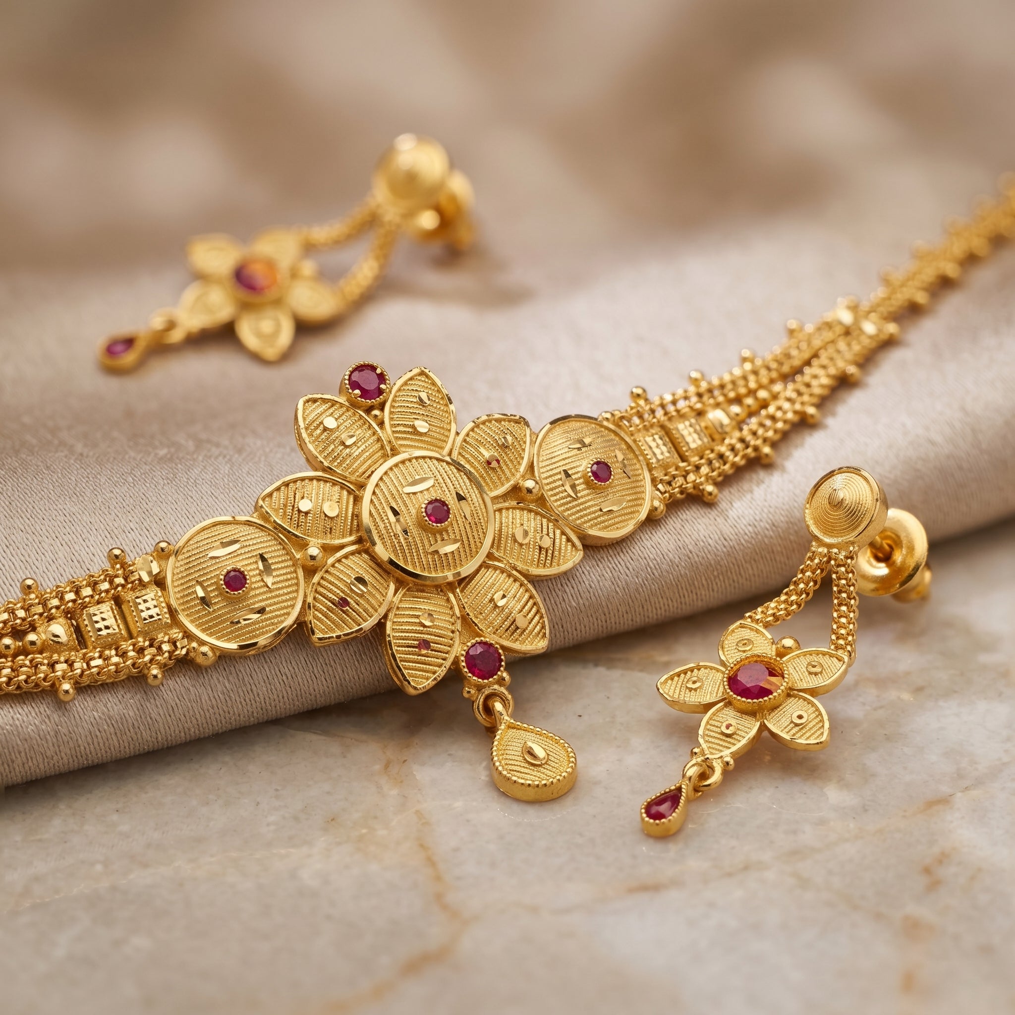 Gold Granular Choker Floral Ruby Pendant Set