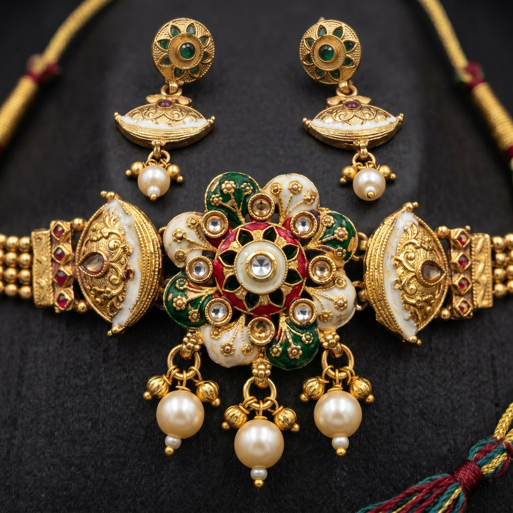 Gold Kundan Meenakari Floral Choker Pearl Drop Set