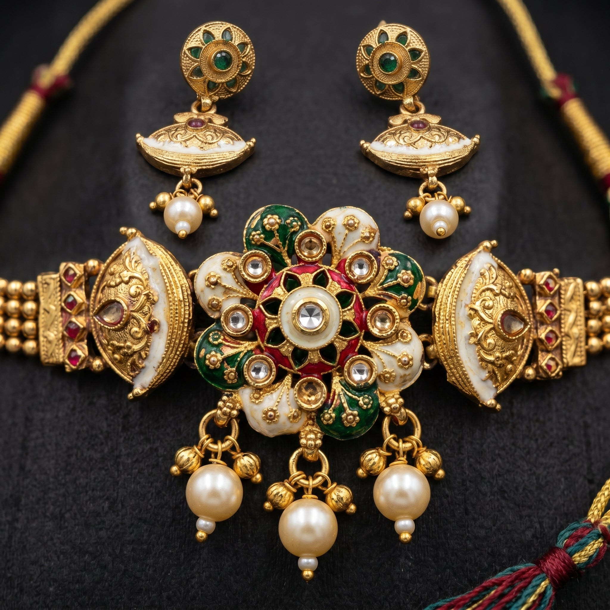 Gold Kundan Meenakari Floral Choker Pearl Drop Set