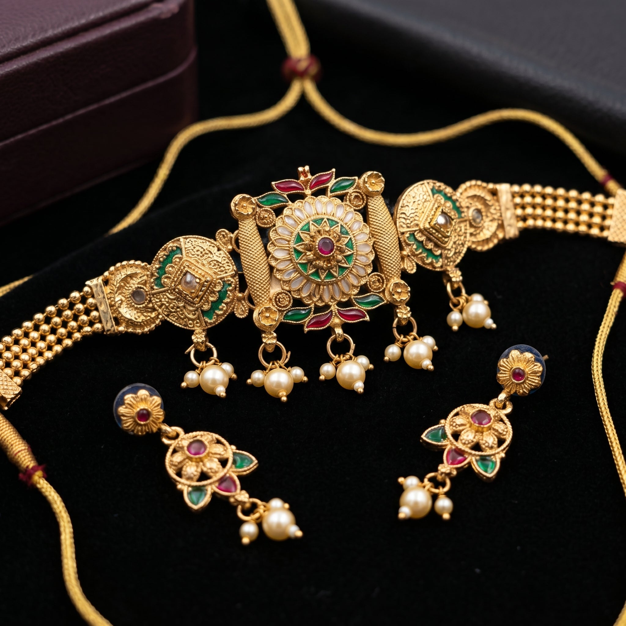 Gold Kundan Meenakari Peacock Square Choker Set