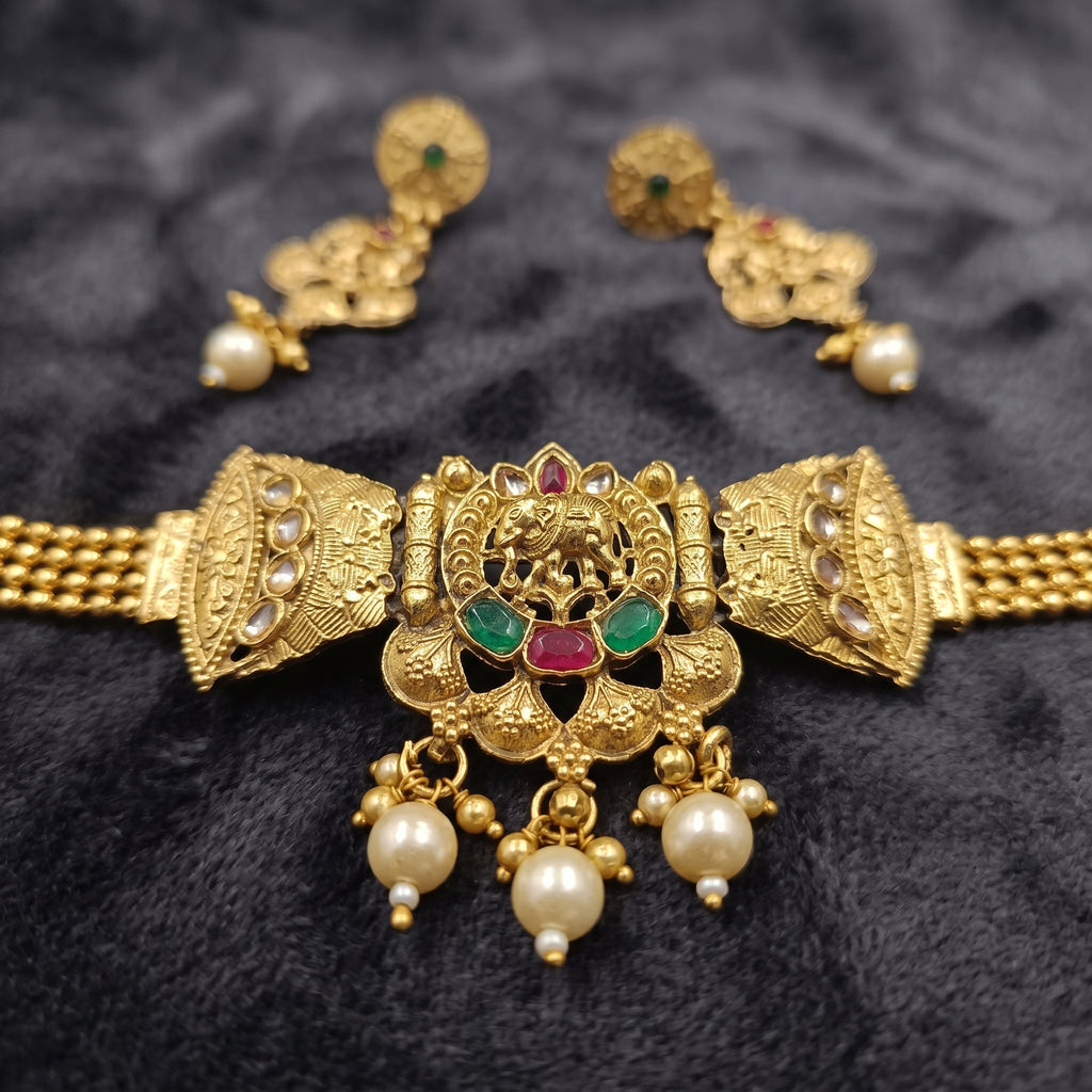 Gold Temple Elephant Kundan Choker Set