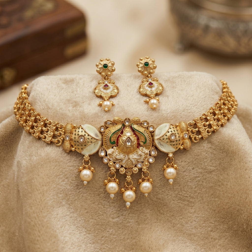 Gold Kundan Peacock Ivory Enamel Choker Set
