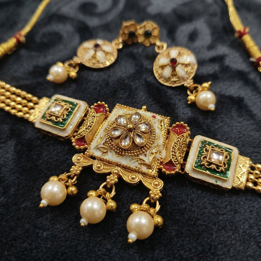 Gold Kundan Ivory Green Enamel Square Panel Choker Set