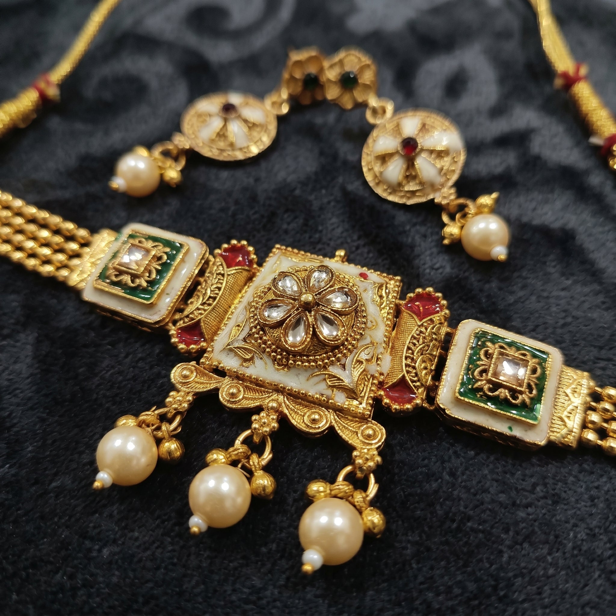 Gold Kundan Ivory Green Enamel Square Panel Choker Set