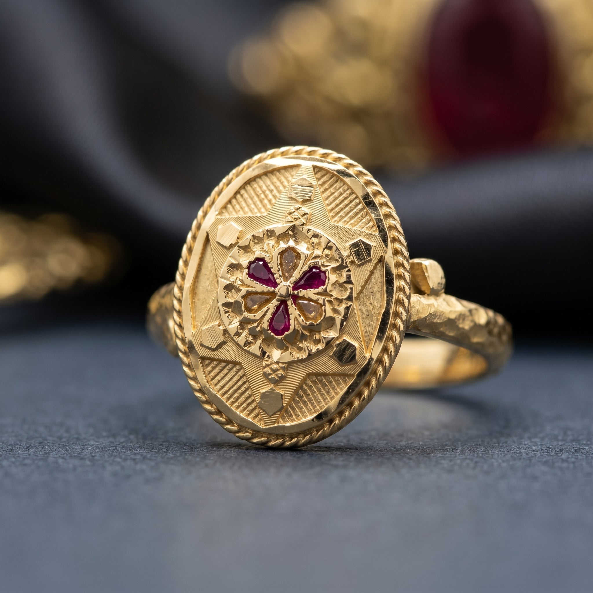 Gold Ruby Floral Oval Signet Ring