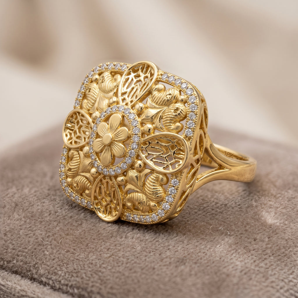 Gold Filigree Square CZ Cocktail Ring