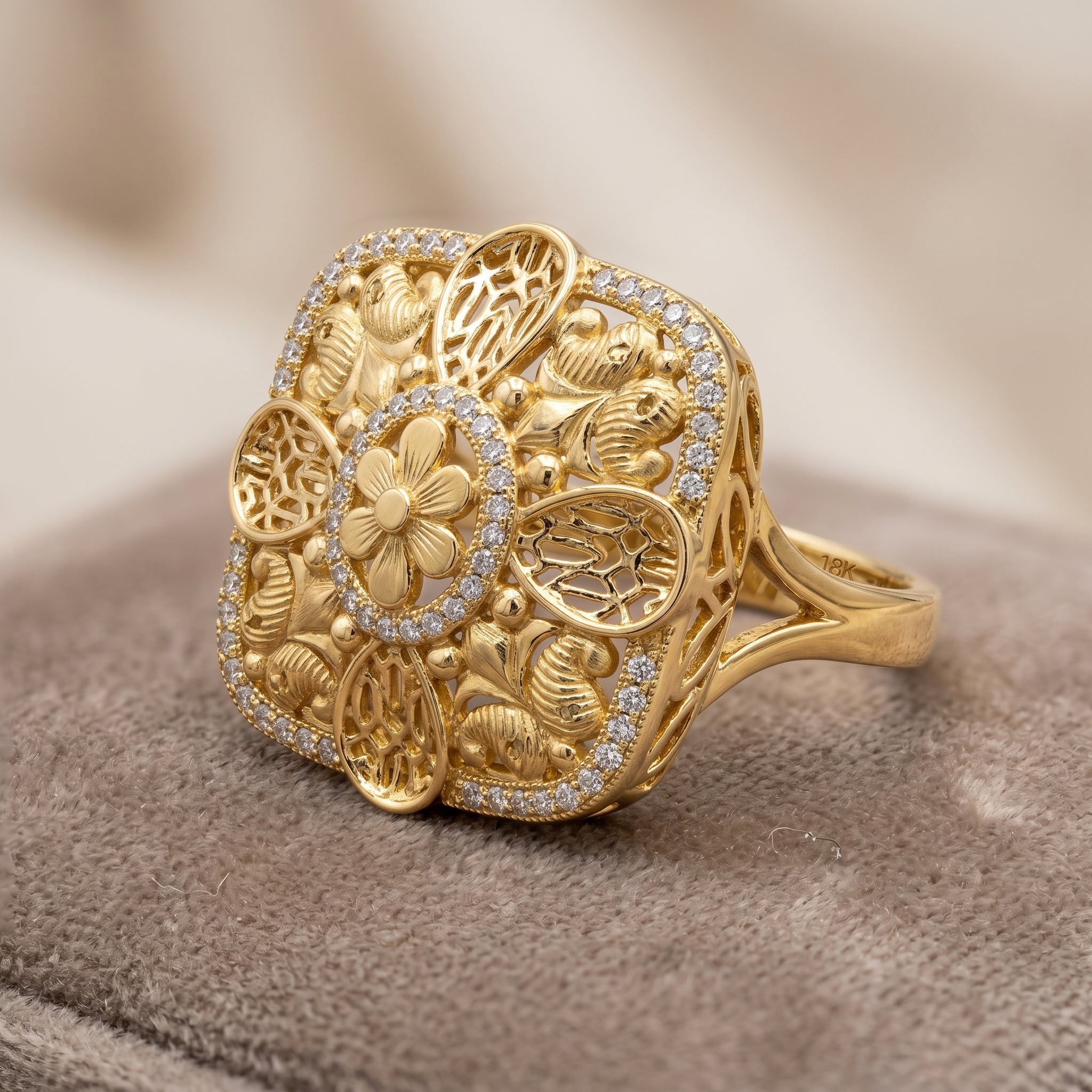 Gold Filigree Square CZ Cocktail Ring