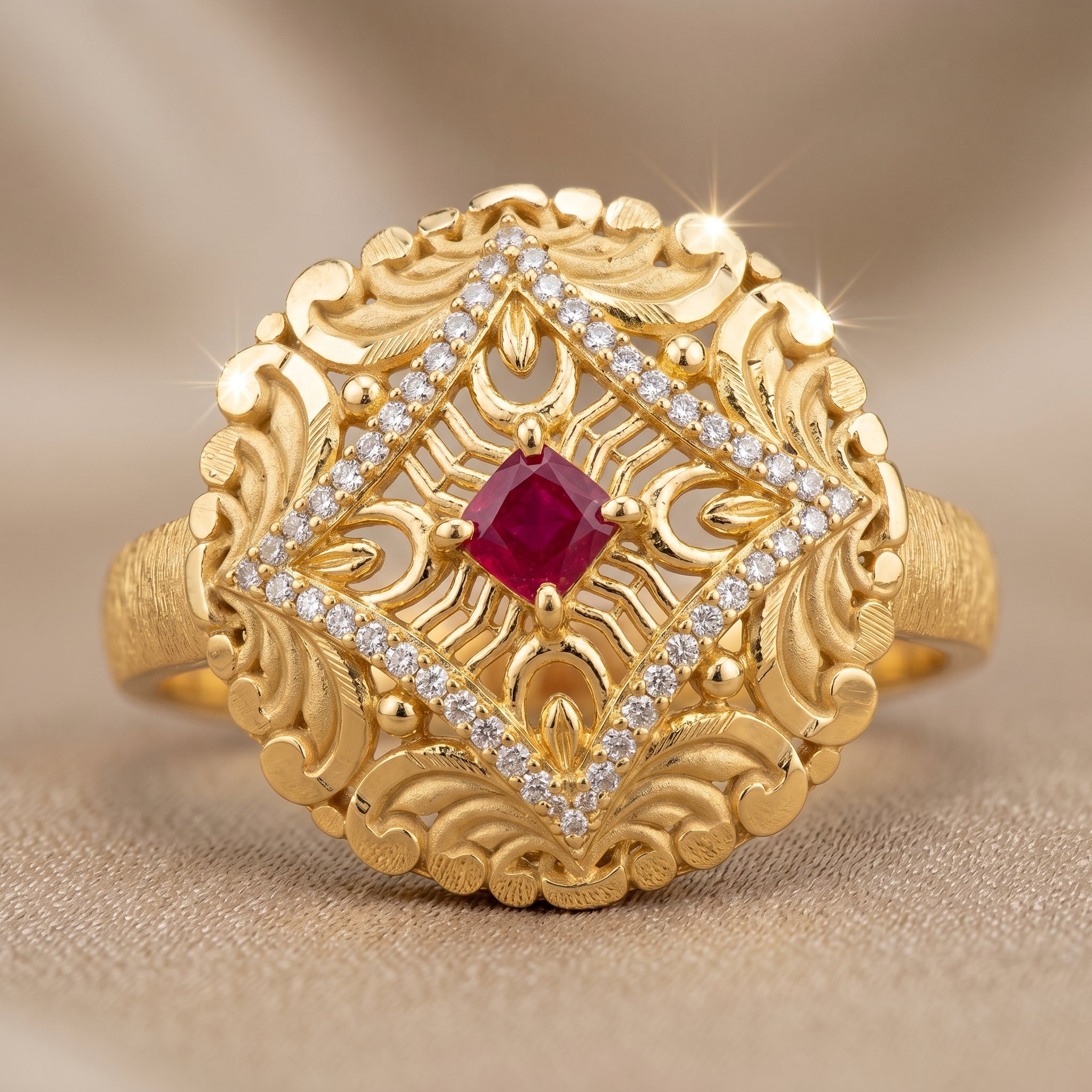 Gold Ruby Princess CZ Scroll Cocktail Ring