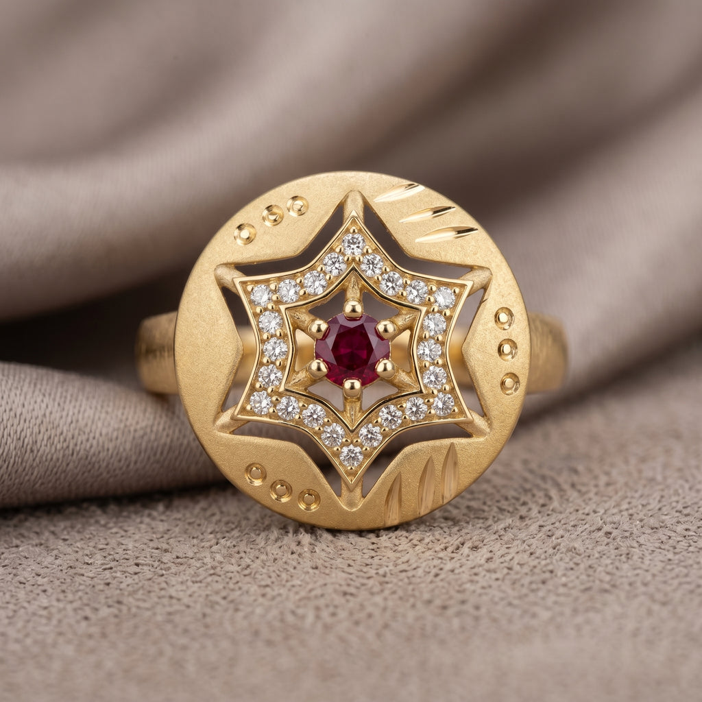 Gold Ruby Star CZ Disc Ring