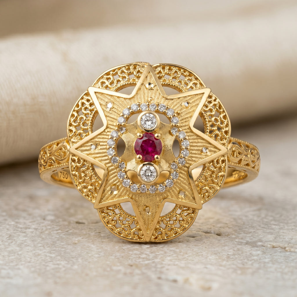 Gold Ruby Compass Star Filigree Ring