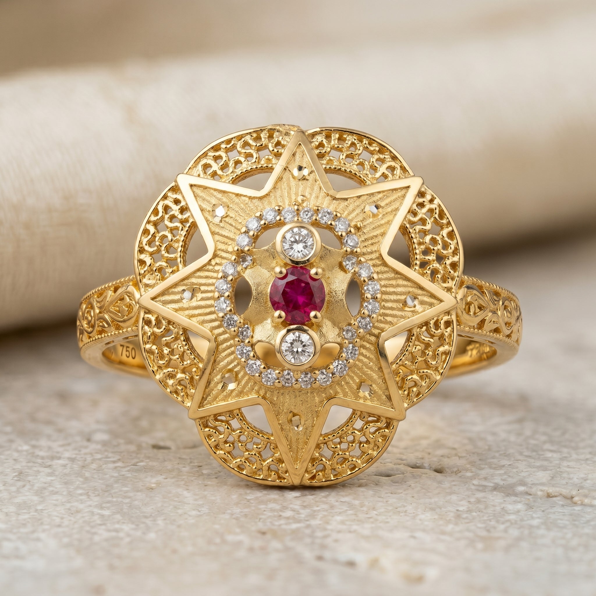 Gold Ruby Compass Star Filigree Ring
