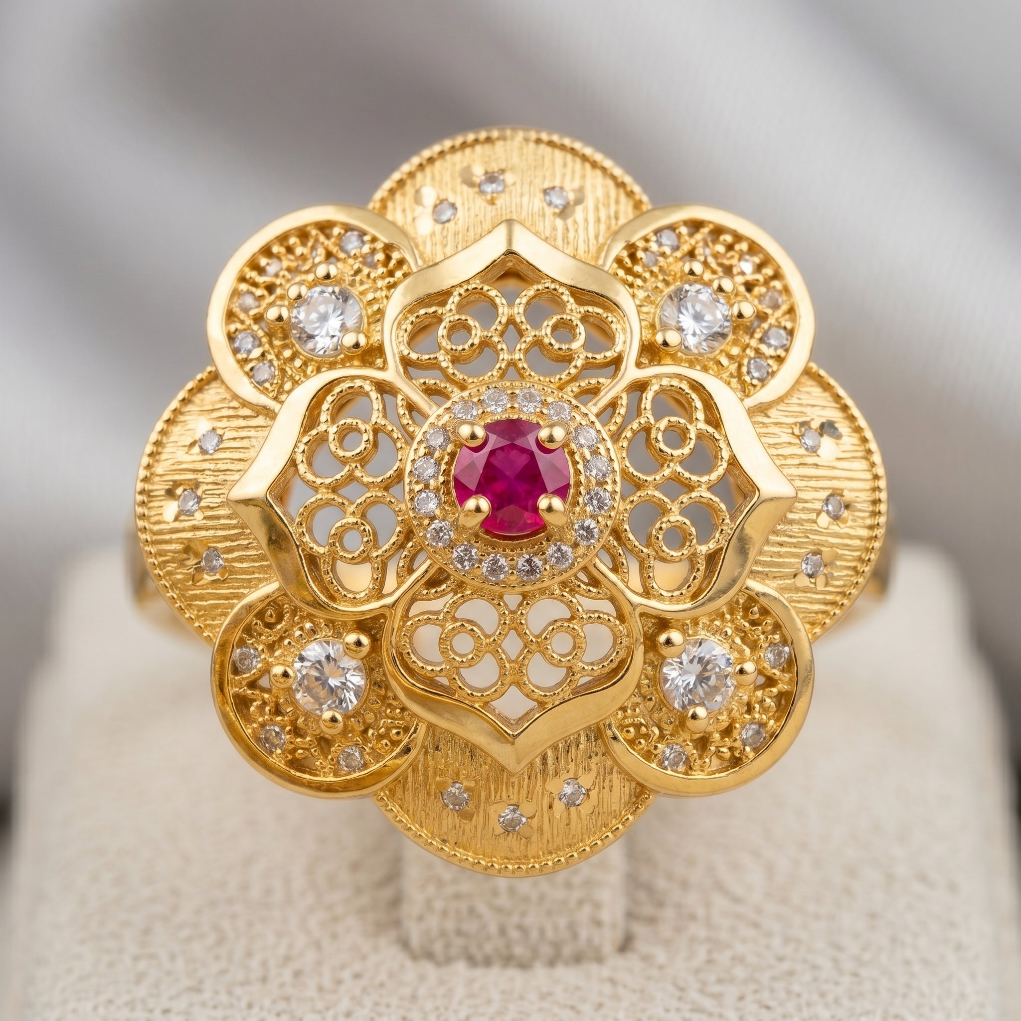 Gold Ruby Floral Filigree Bloom Ring