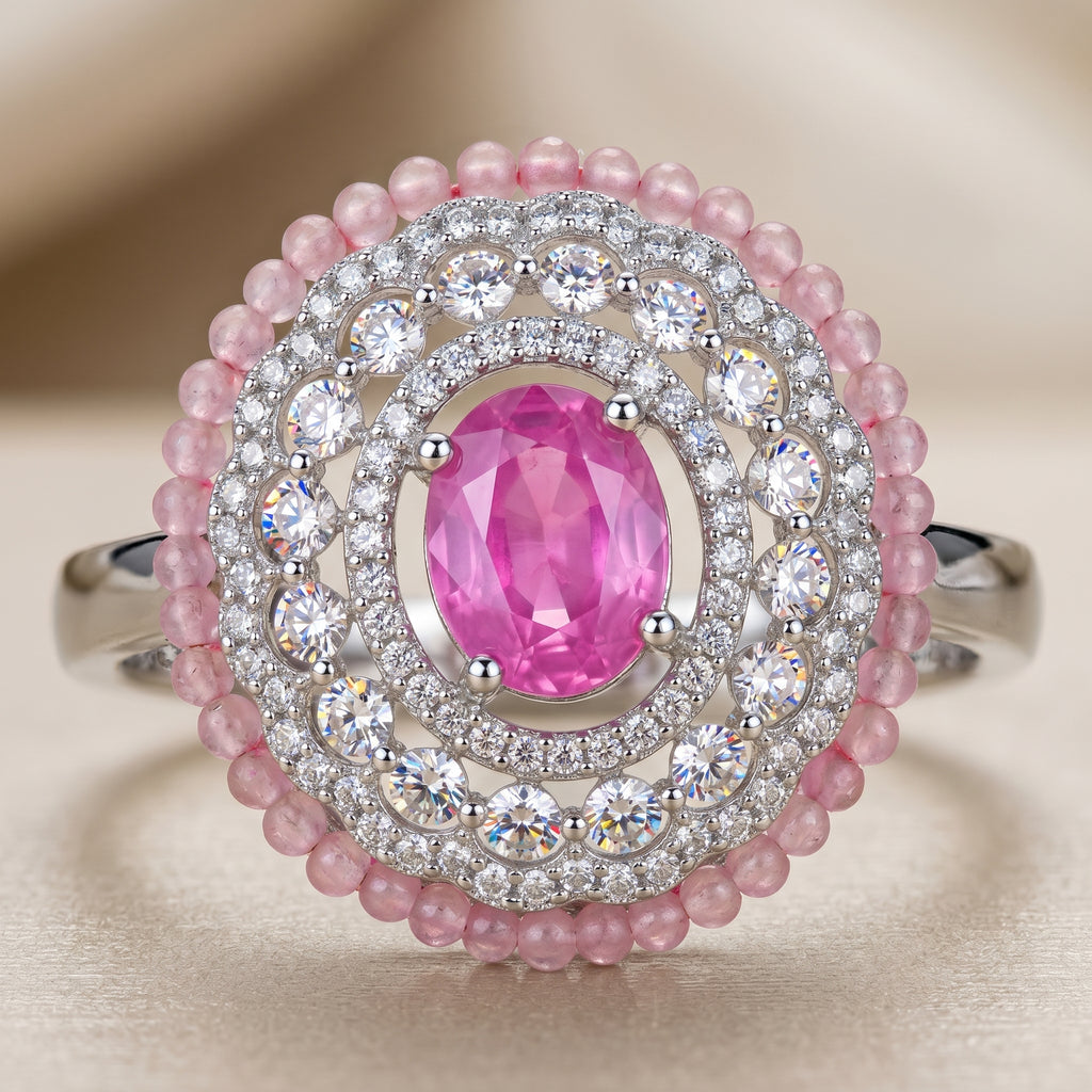 Pink Oval CZ Bead Halo Cocktail Ring