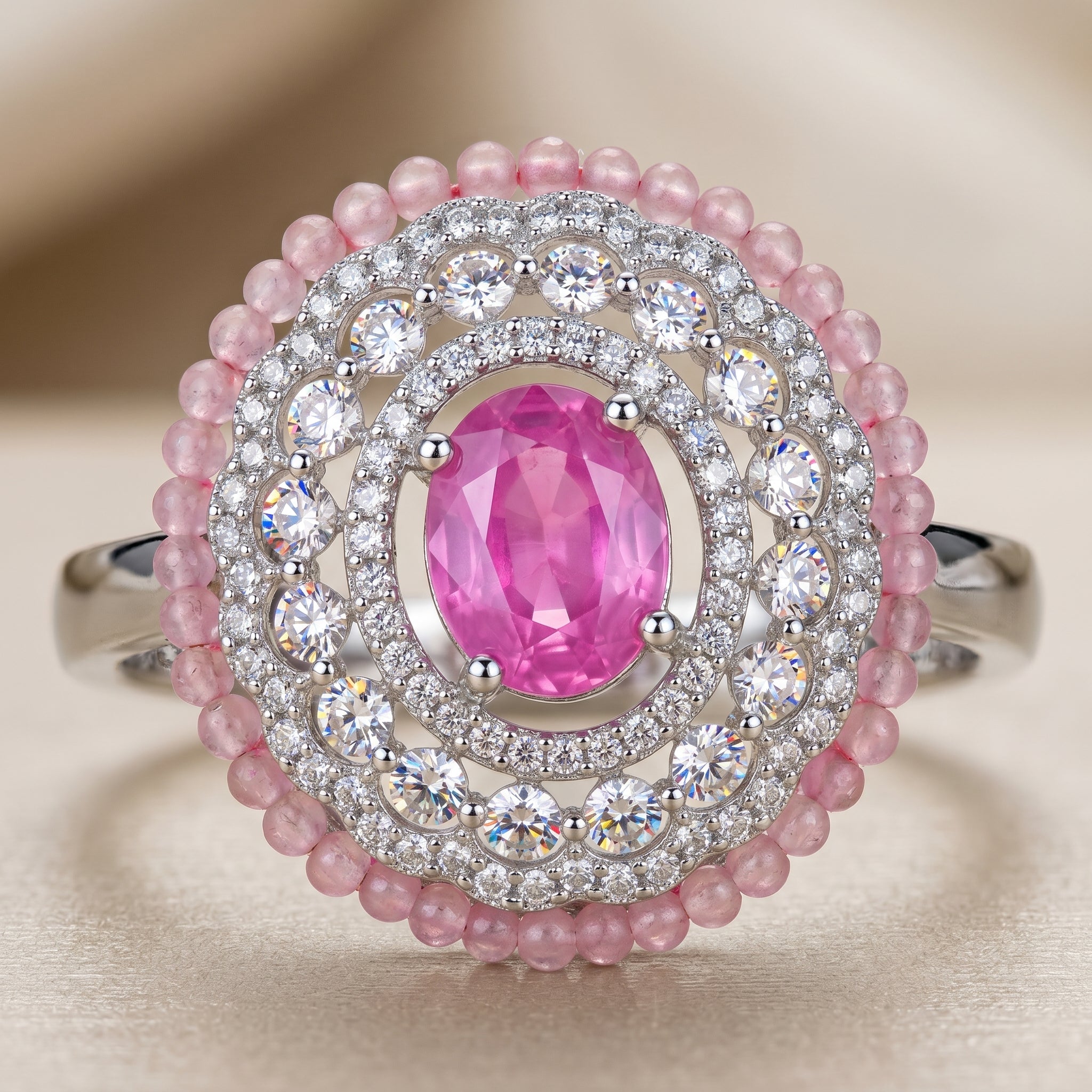 Pink Oval CZ Bead Halo Cocktail Ring