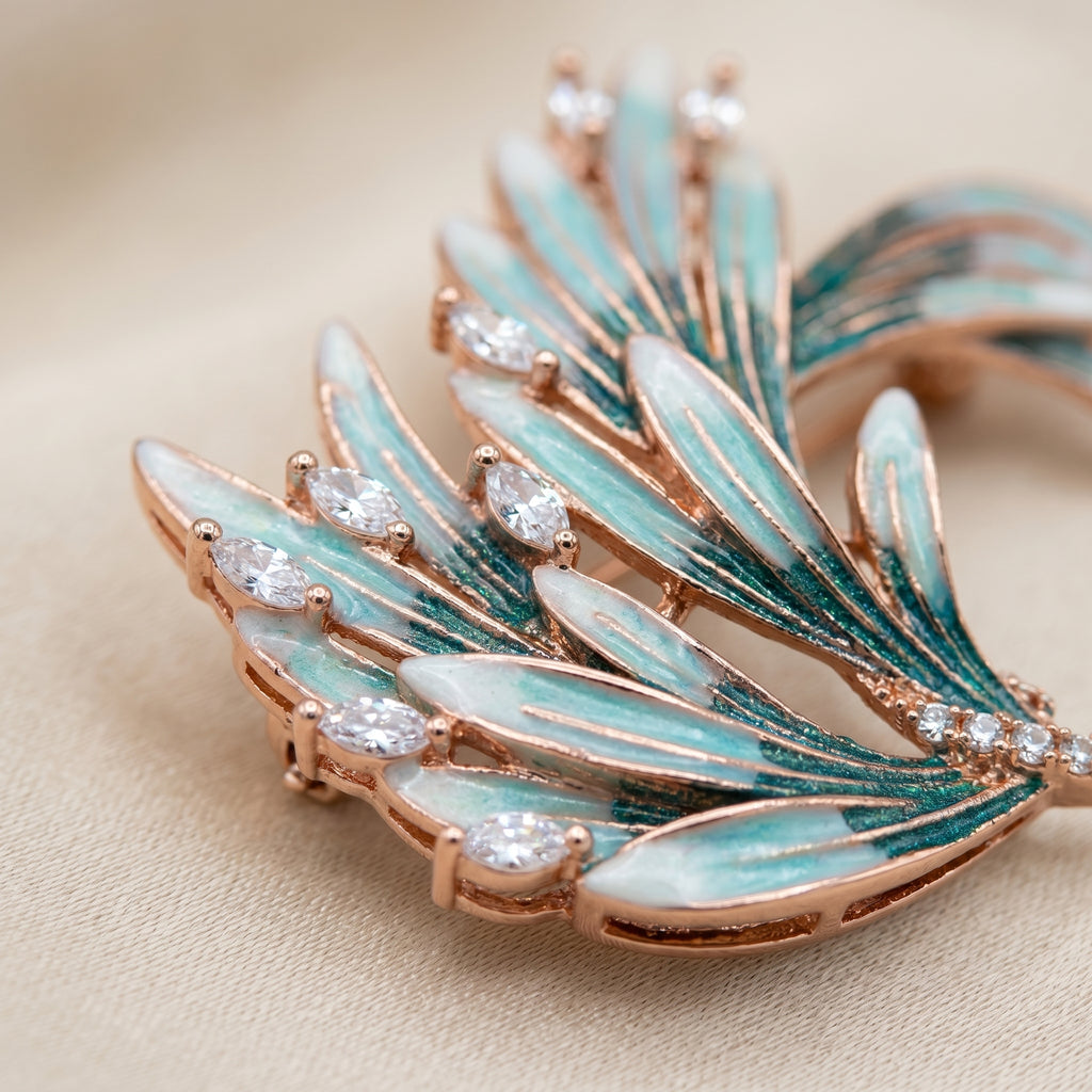 Gold Teal Enamel Feather Brooch