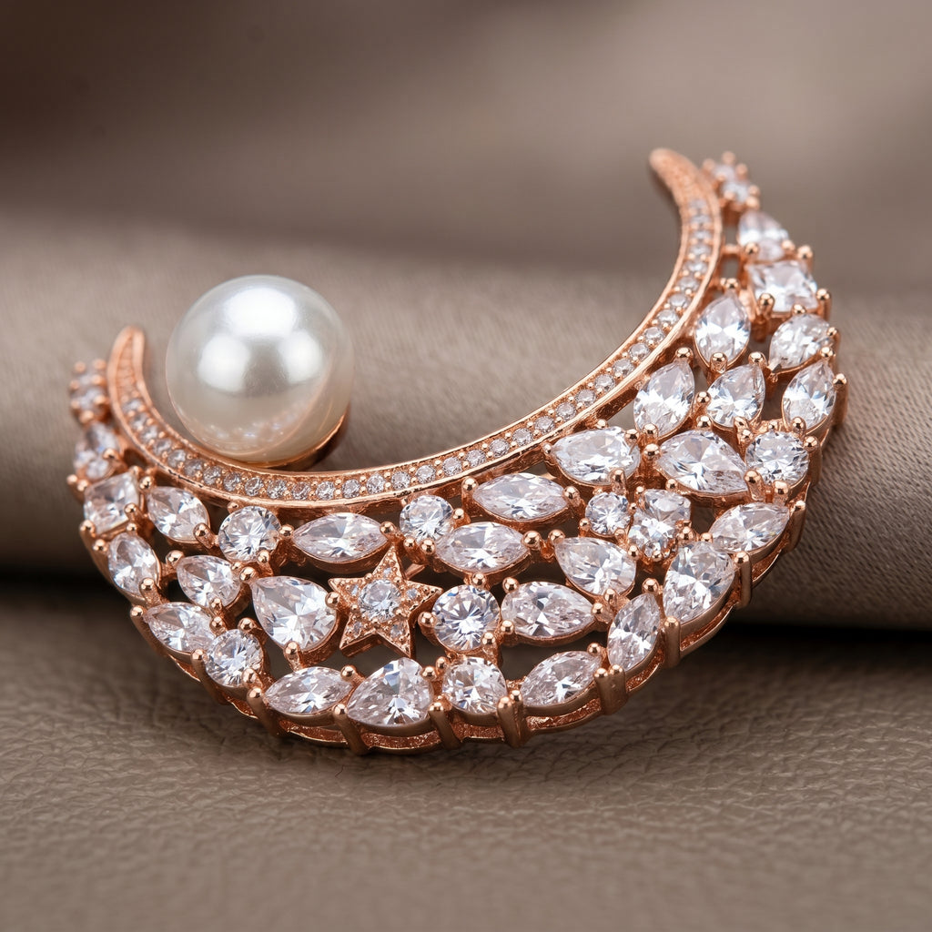 Gold Pearl CZ Crescent Moon Brooch