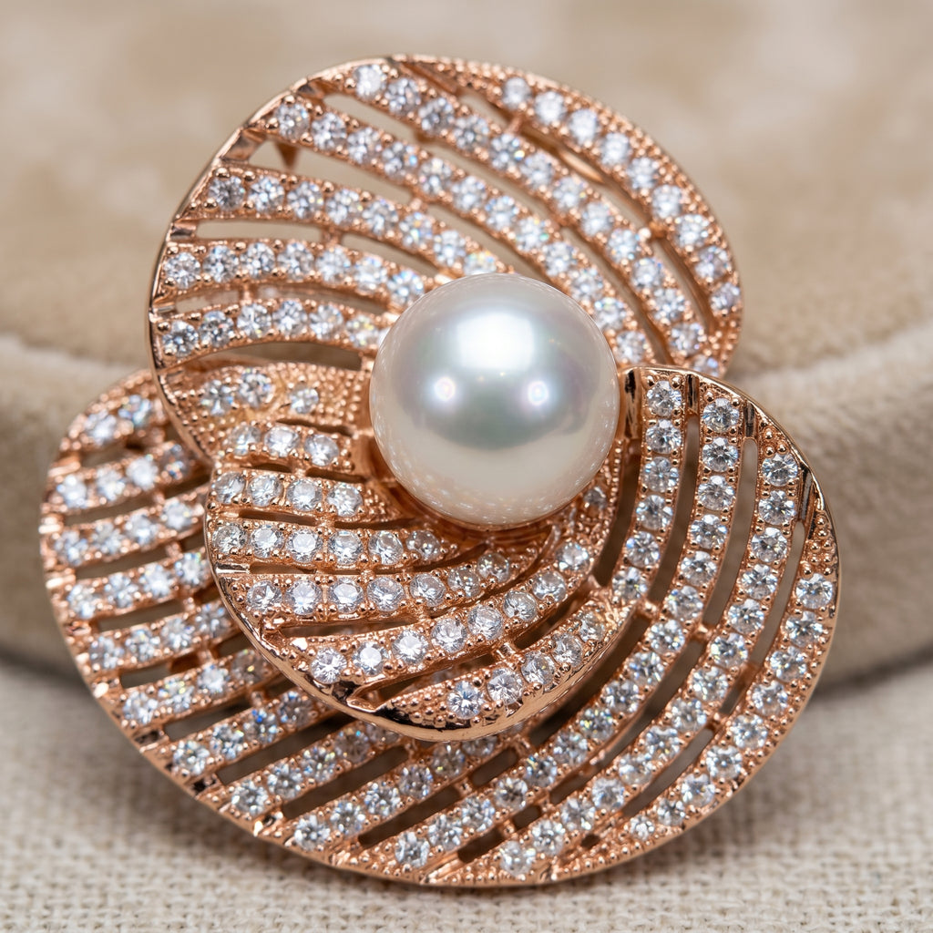 Gold Pearl CZ Spiral Swirl Brooch