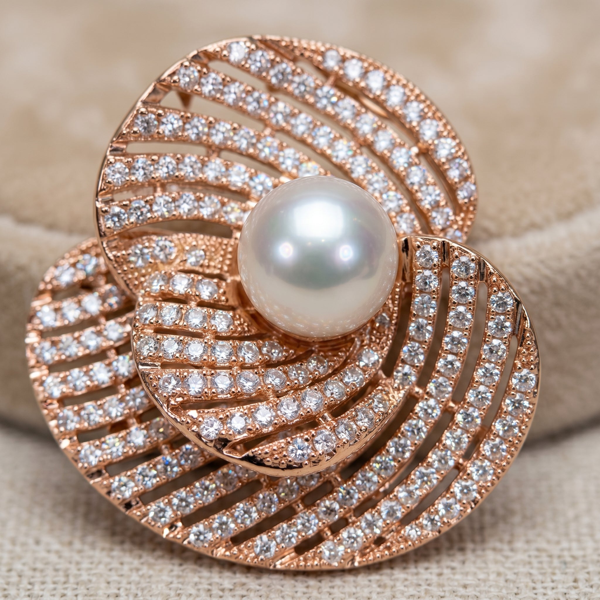 Gold Pearl CZ Spiral Swirl Brooch