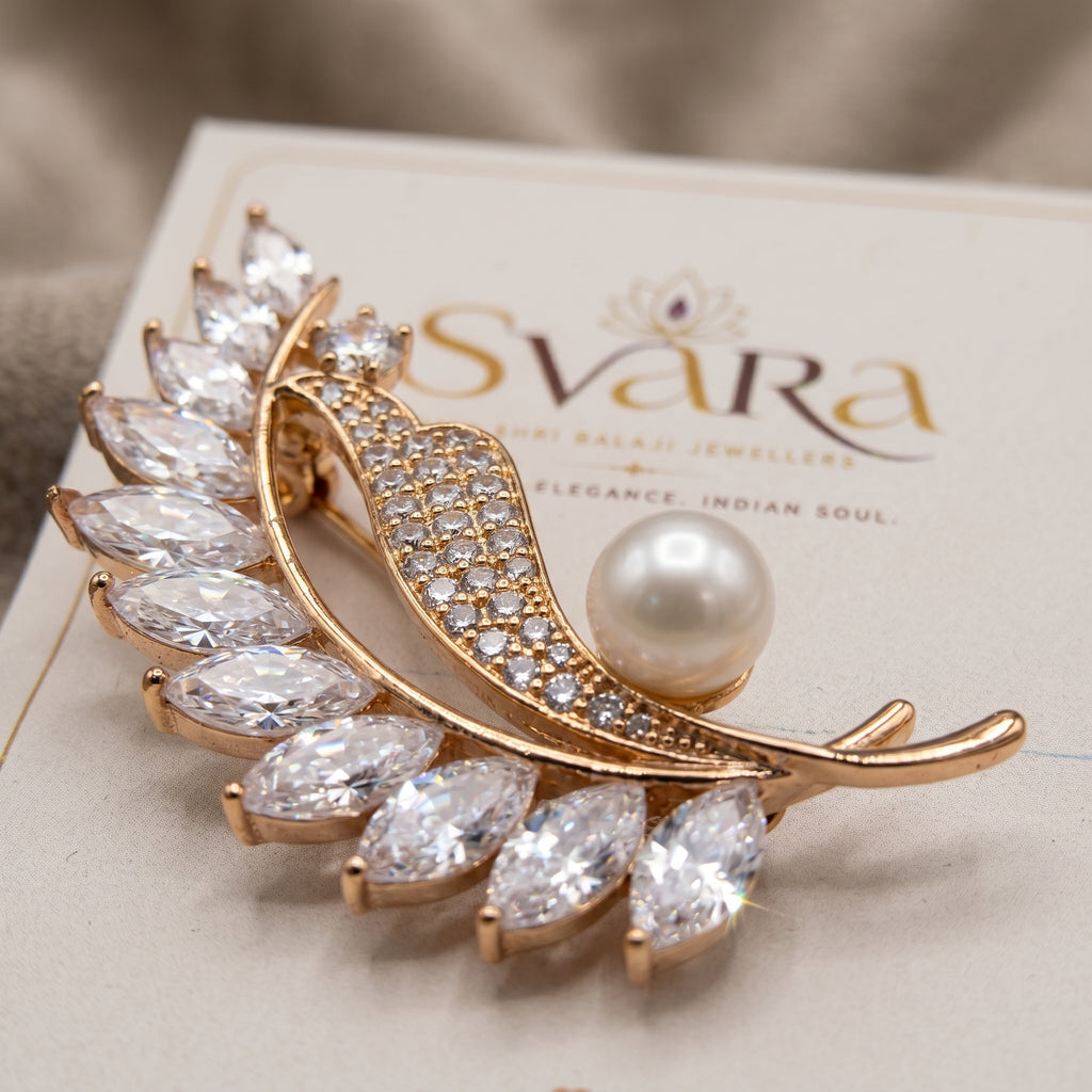 Gold Pearl Marquise Leaf Brooch