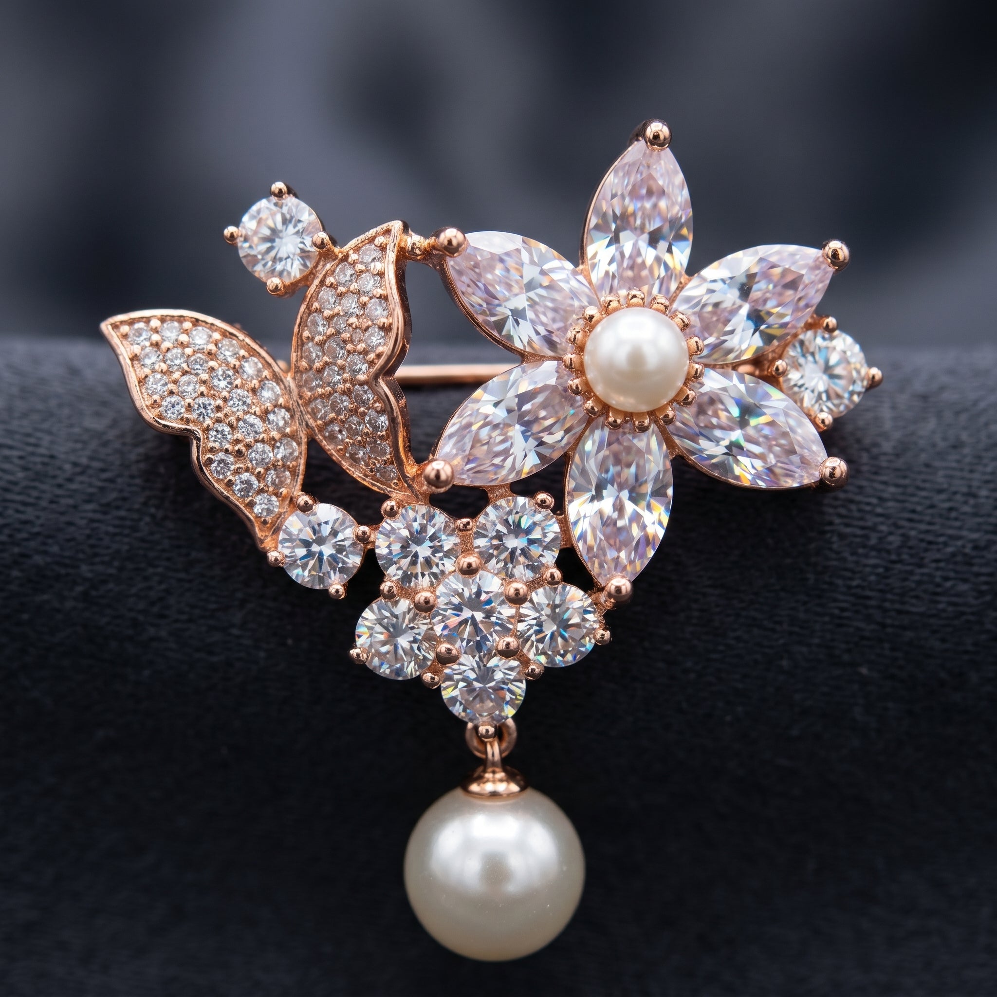 Gold CZ Floral Pearl Drop Brooch