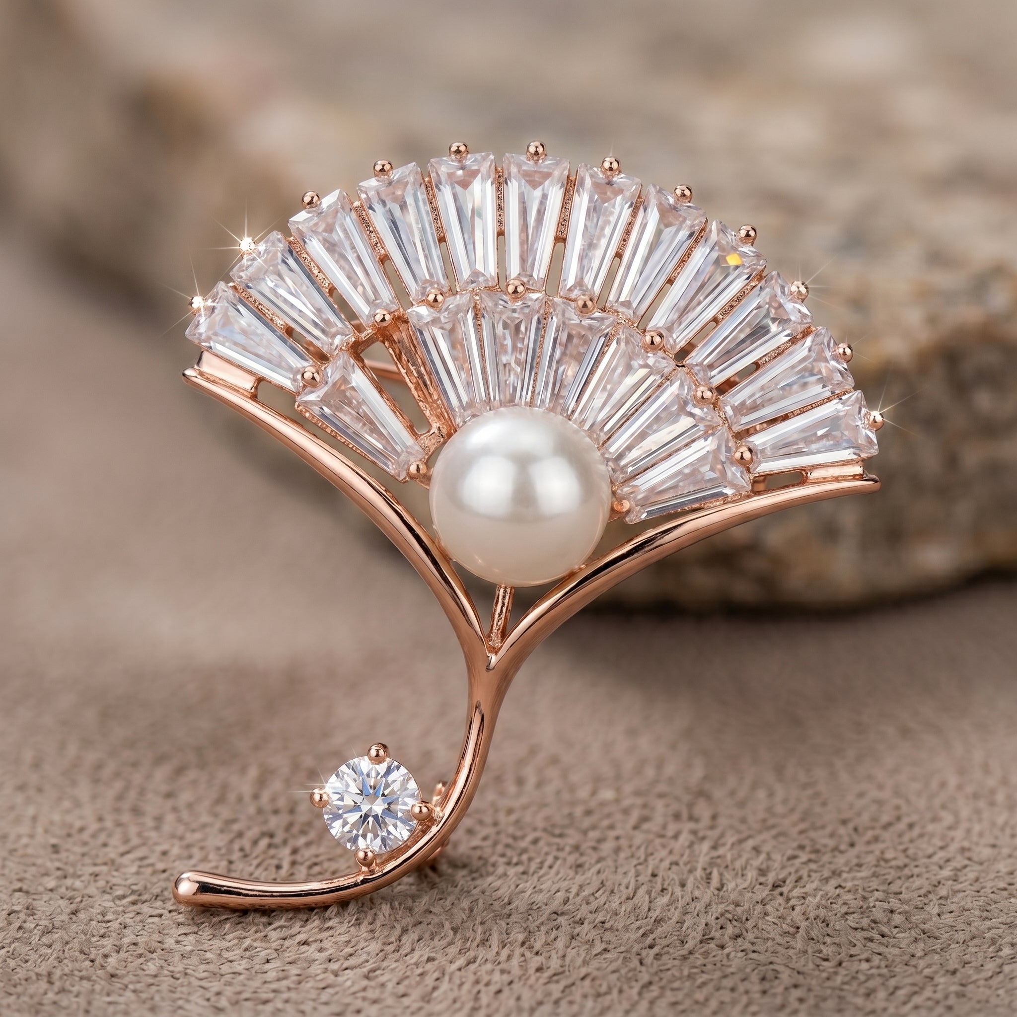 Gold CZ Baguette Fan Pearl Brooch