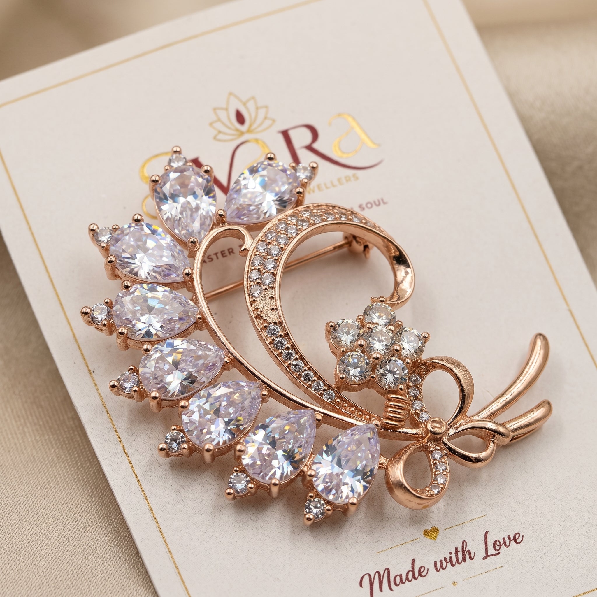 Gold CZ Pear Leaf Swirl Brooch