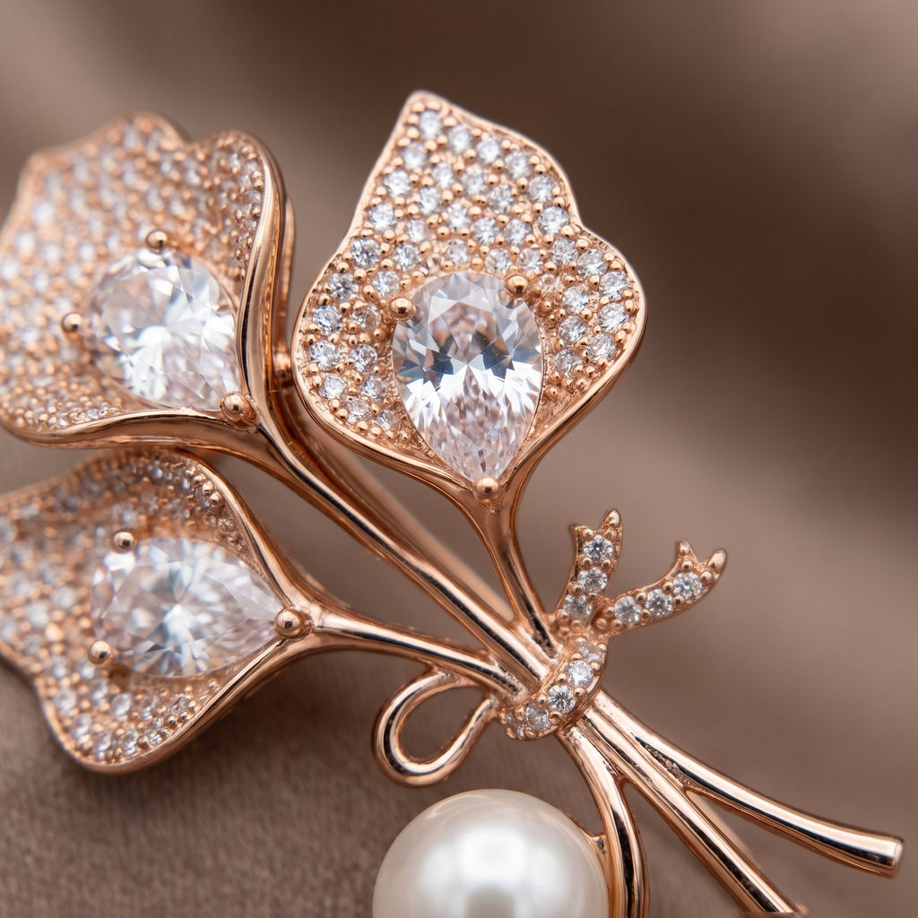Gold CZ Pavé Leaf Bouquet Pearl Brooch