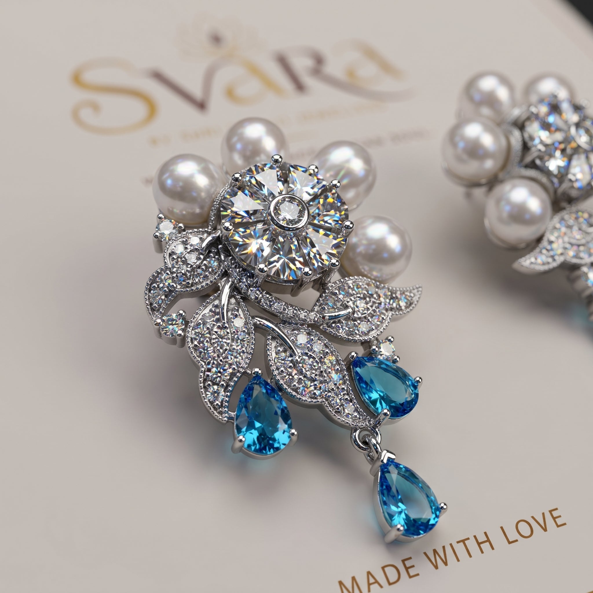 Silver CZ Floral Pearl Turquoise Drop Earrings